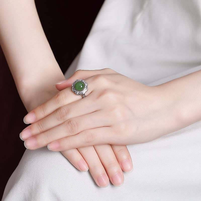 EverestArtstudios 925 Sterling Silver Hetian Cyan Jade Flower Design Luck Adjustable Ring