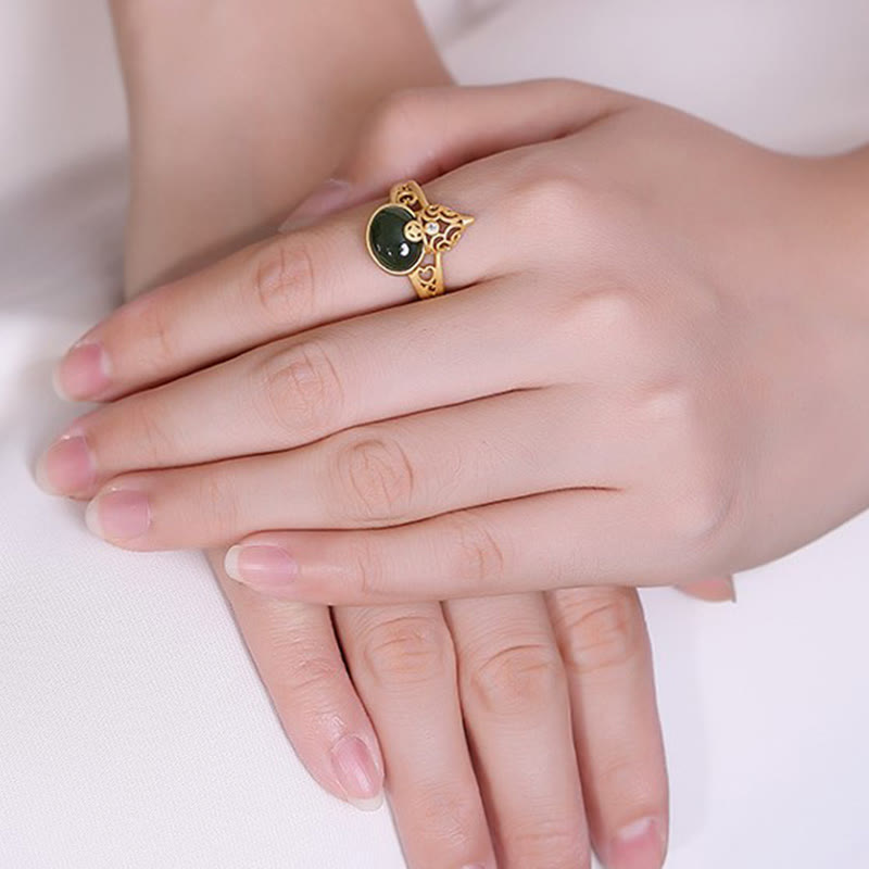EverestArtstudios Gourd Cyan Jade Copper Coin Success Luck Adjustable Ring
