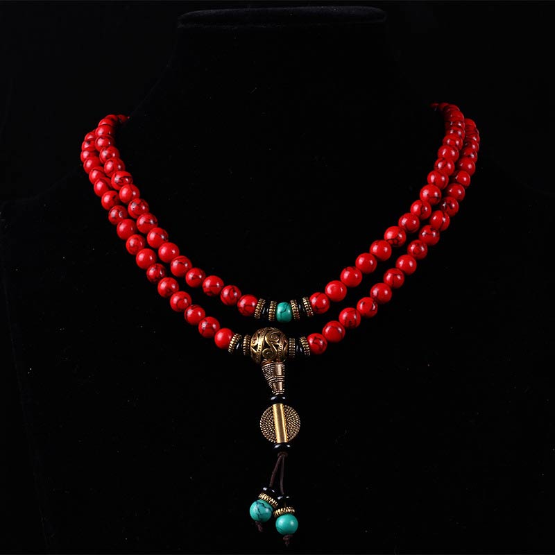 EverestArtStudios 108 Beads Tibetan Mala Red Turquoise Lucky Necklace Bracelet