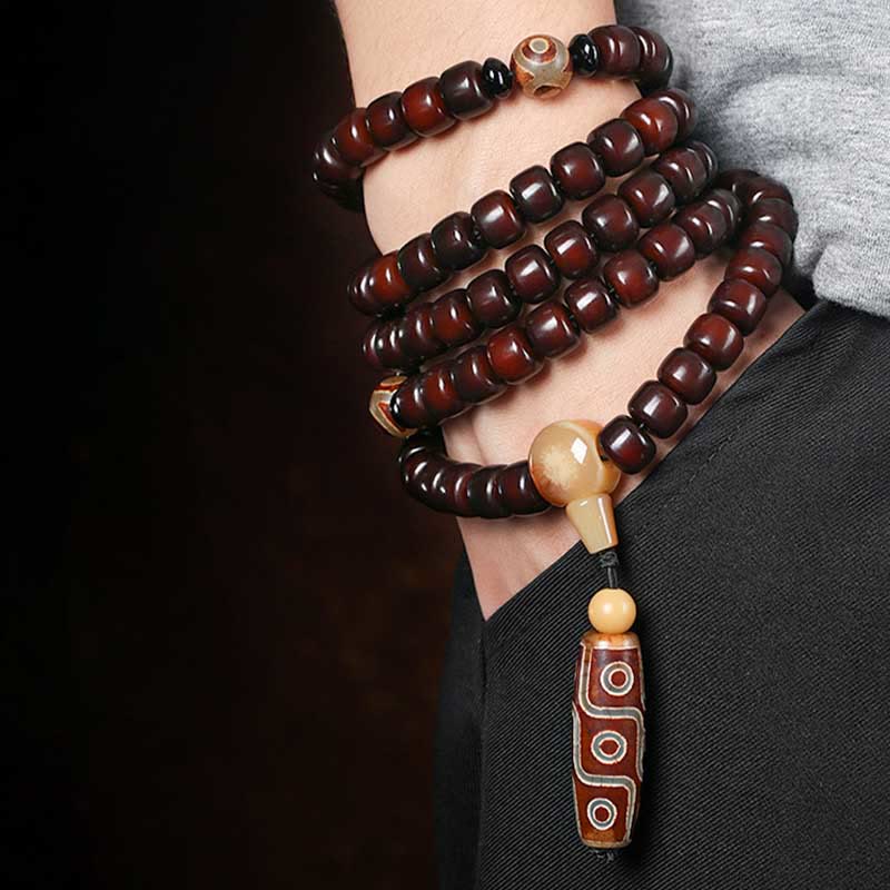 EverestArtstudios 108 Mala Beads Three-eyed Dzi Bead Nine-eye Dzi Bead Jade Luck Bracelet