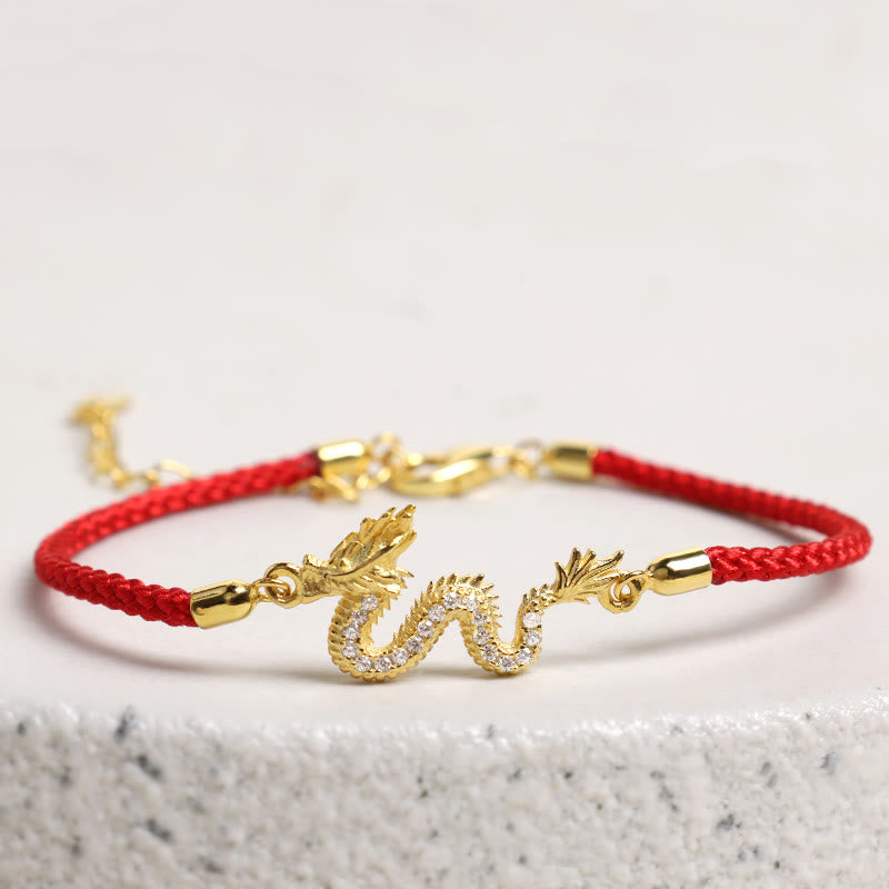 EverestArtstudios 925 Sterling Silver Year Of The Dragon Auspicious Golden Dragon Luck Red Rope Chain Bracelet