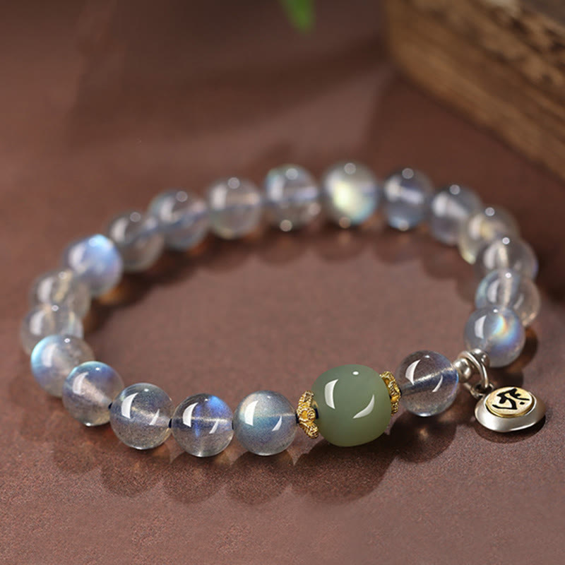 Buddha Stones Chinese Zodiac 925 Sterling Silver Natural Moonstone Hetian Jade Positive Bracelet