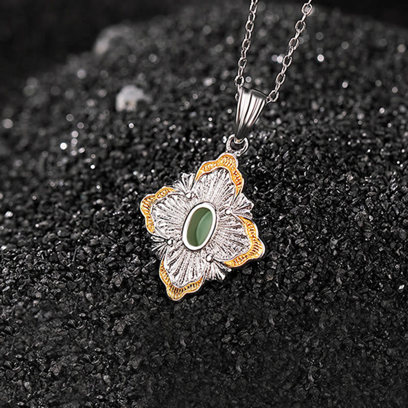 EverestArtstudios 925 Sterling Silver Plated Gold Hetian Cyan Jade Rhombus Design Luck Healing Necklace Pendant