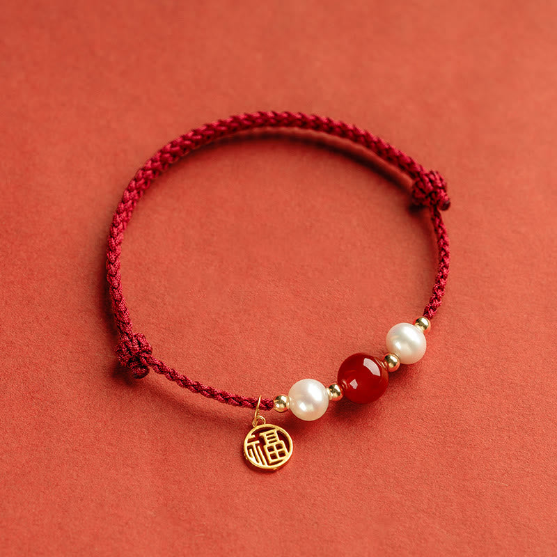 EverestArtstudios 925 Sterling Silver Good Fortune Fu Character Agate Pearl Red String Braid Bracelet