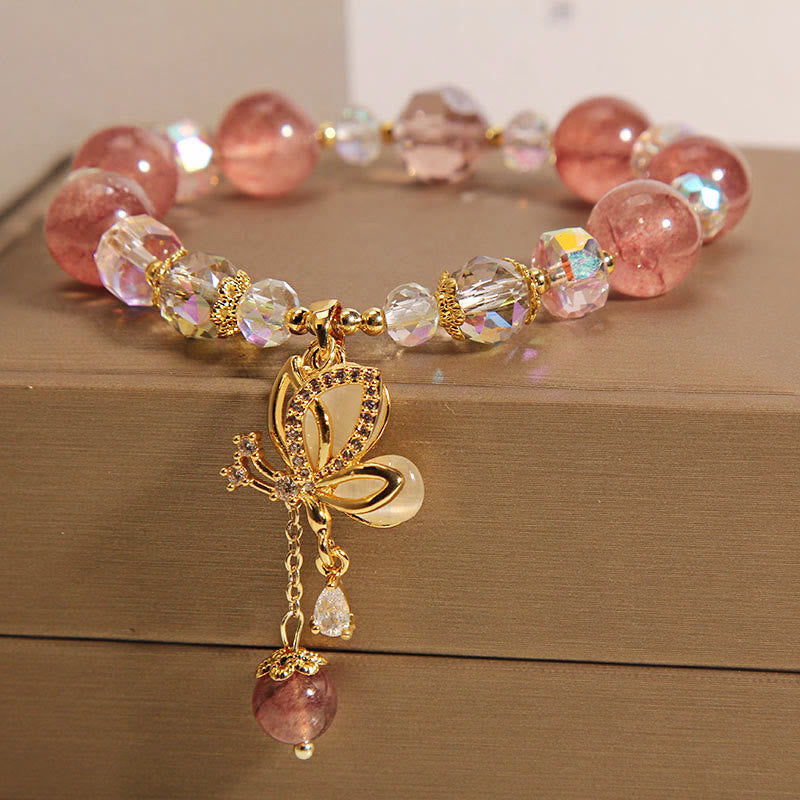 EverestArtStudios Natural Strawberry Quartz Healing Positive Butterfly Charm Bracelet