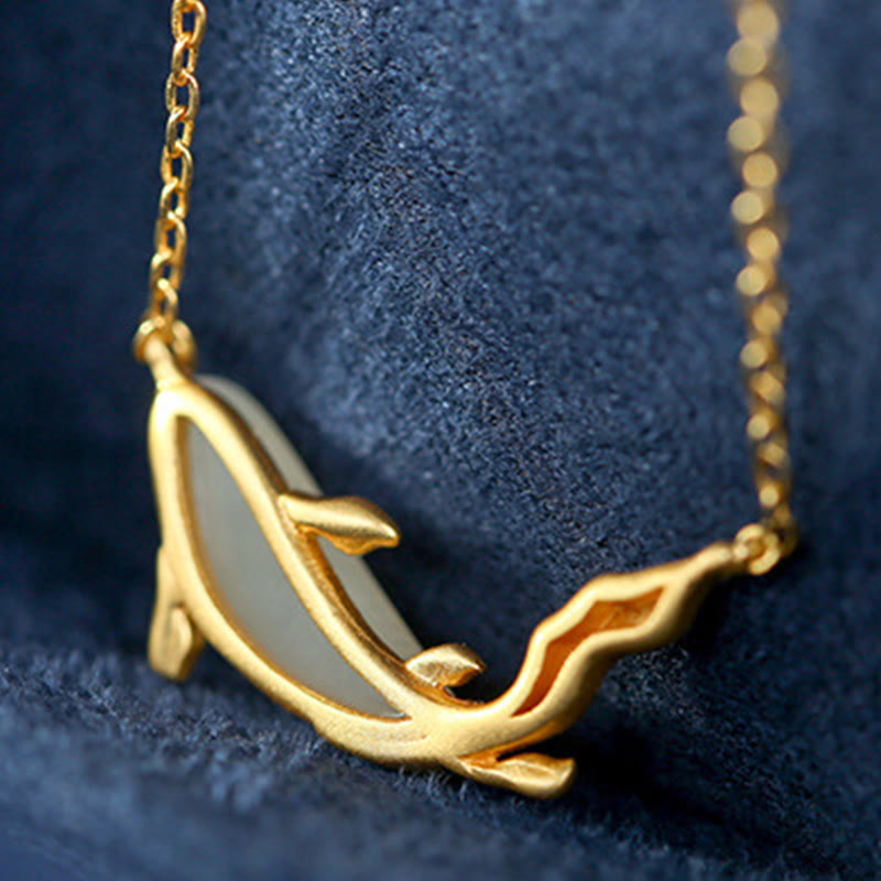 EverestArtstudios 925 Sterling Silver White Jade Dolphin Luck Necklace Pendant
