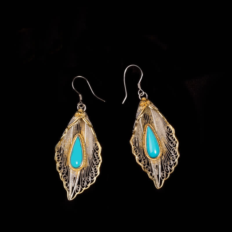 EverestArtStudios 925 Sterling Silver Turquoise Bodhi Leaf Pattern Protection Drop Dangle Earrings