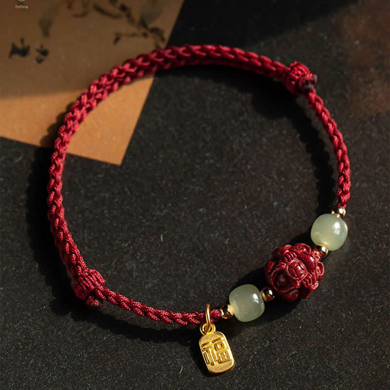 EverestArtstudios Natural Cinnabar Chinese Zodiac Hetian Jade Fu Character Luck Rope Bracelet
