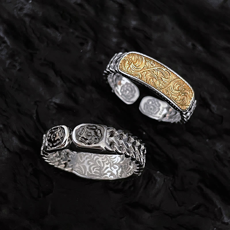 Buddha Stones Tang Dynasty Flower Design Engraved Copper Luck Cuff Bracelet Bangle Adjustable Ring