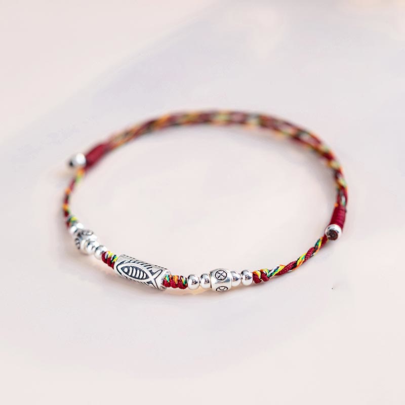 EverestArtstudios 925 Sterling Silver Luck Koi Fish Braided Colorful String Bracelet Anklet