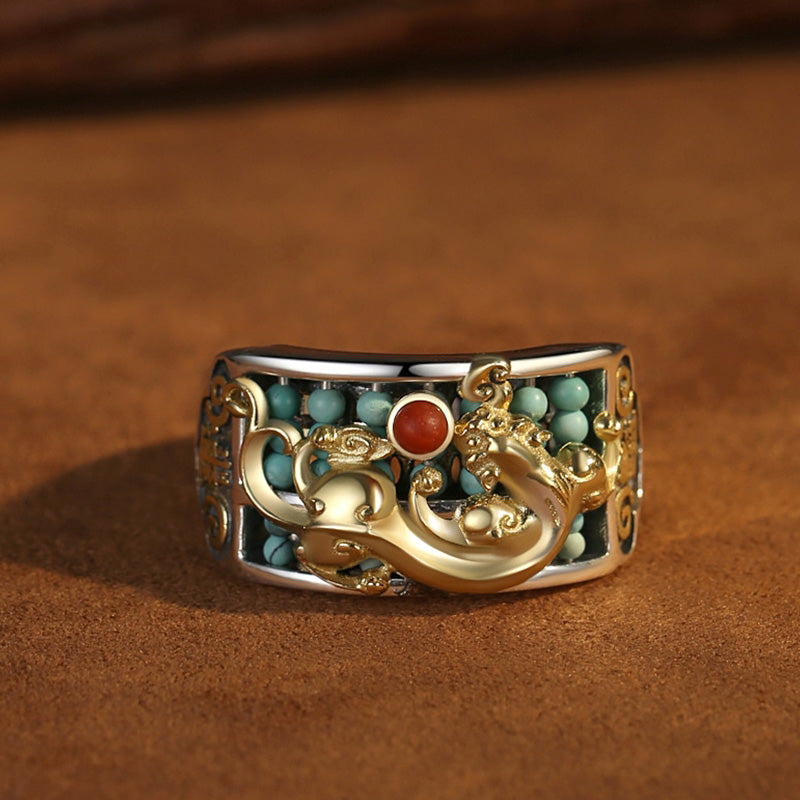 EverestArtStudios 925 Sterling Silver Turquoise Red Agate PiXiu Abacus Protection Ring