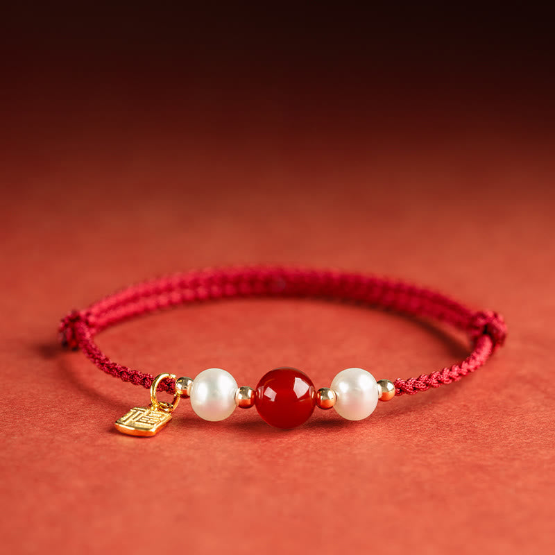 EverestArtstudios 925 Sterling Silver Good Fortune Fu Character Agate Pearl Red String Braid Bracelet