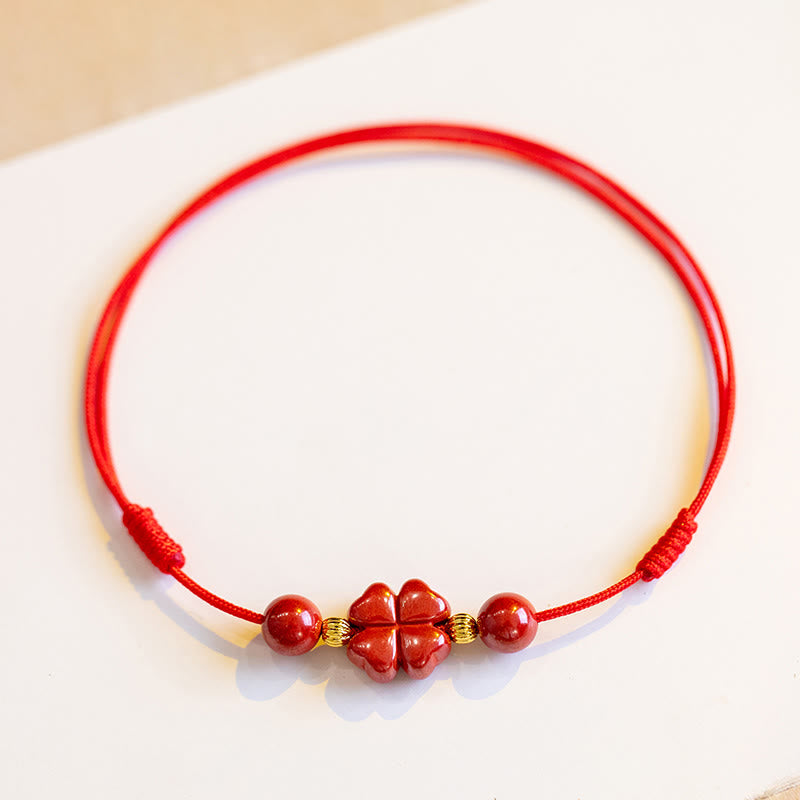 EverestArtstudios Four Leaf Clover Cinnabar Blessing Calm String Bracelet Anklet