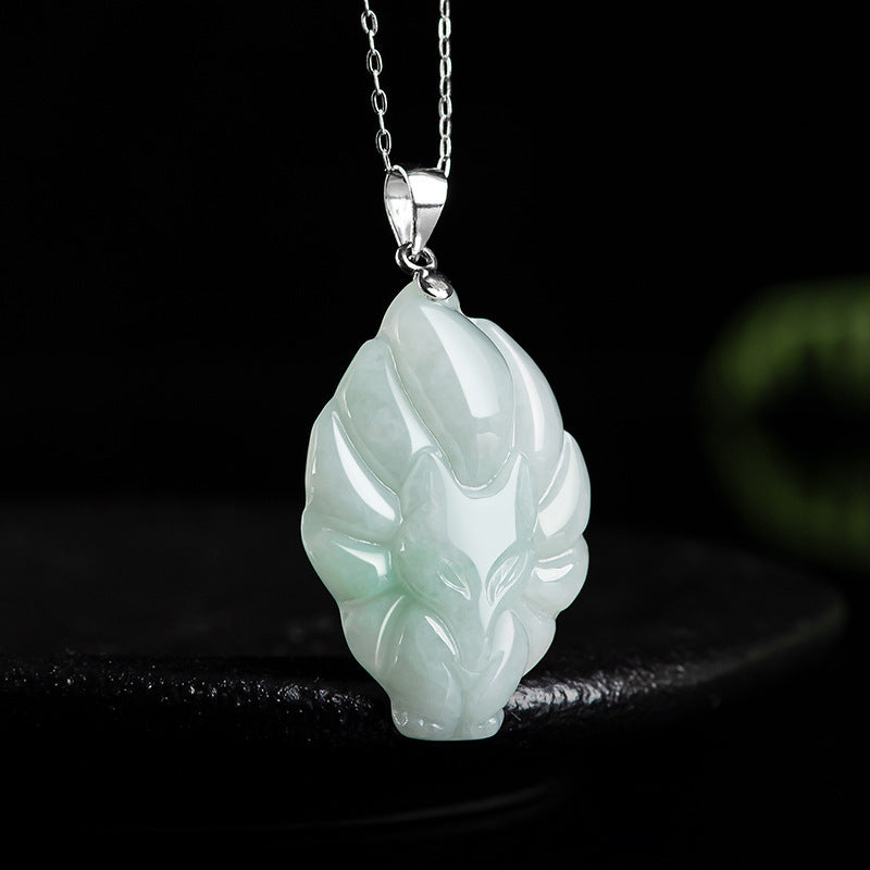 Buddha Stones Natural Jade Nine Tailed Fox Prosperity Titanium Steel Chain Necklace Pendant