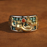 EverestArtStudios 925 Sterling Silver Turquoise Red Agate PiXiu Abacus Protection Ring