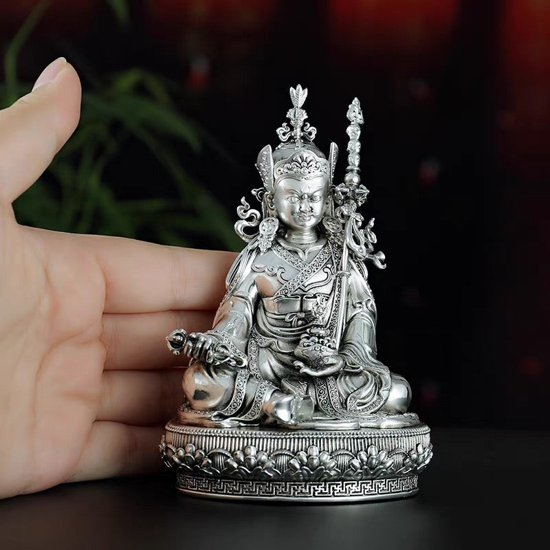 Multiple Statues Guru Rinpoche Tibetan Buddhist Buddha, Silver Plated White Copper Guru Rinpoche Figurine, Altar Shrine Meditation Decor