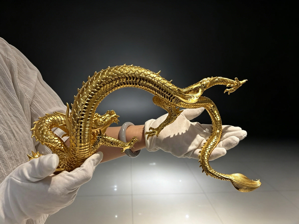 Handcrafted Golden Brass Dragon Statue: Tibetan Feng Shui Decor