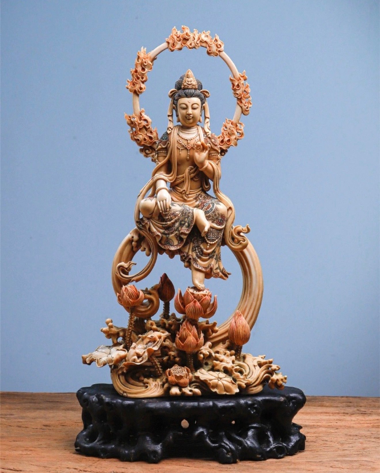 EverestArtStudios Natural Reclaimed Mammoth Ivory Water Moon Guanyin Avalokiteshvara Statue, Hand Carved Bodhisattva Sculpture, Buddhist Altar Decor, Collectible Art