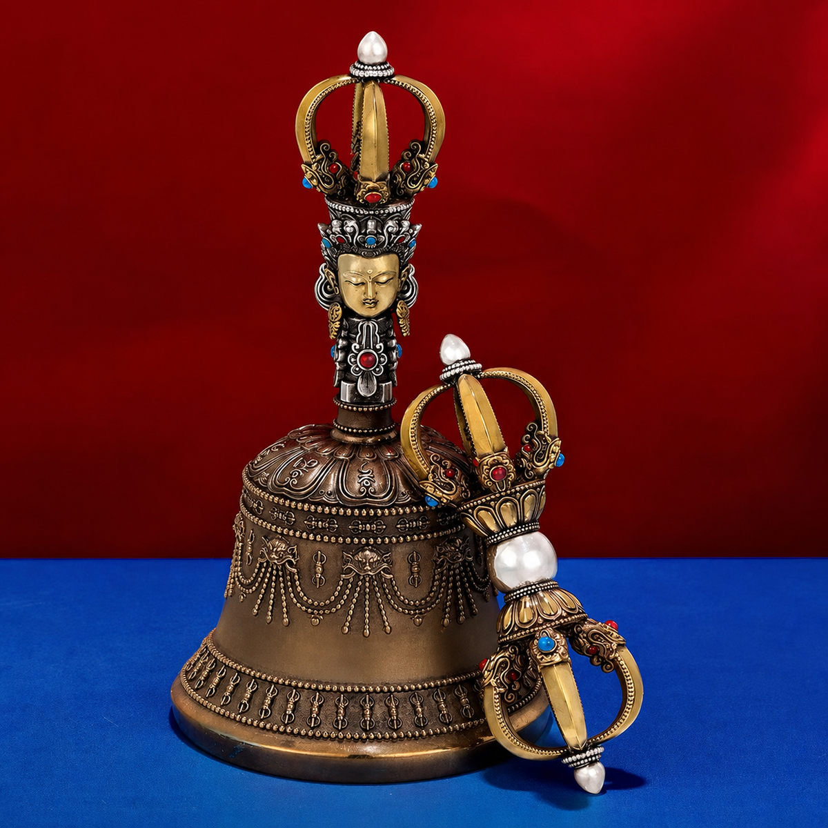 Handcrafted Silver Tibetan Bell & Dorje Set Buddhist Meditation Decor