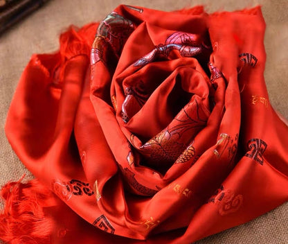 Red Embroidered Tibetan Khata Scarf with Eight Auspicious Symbol
