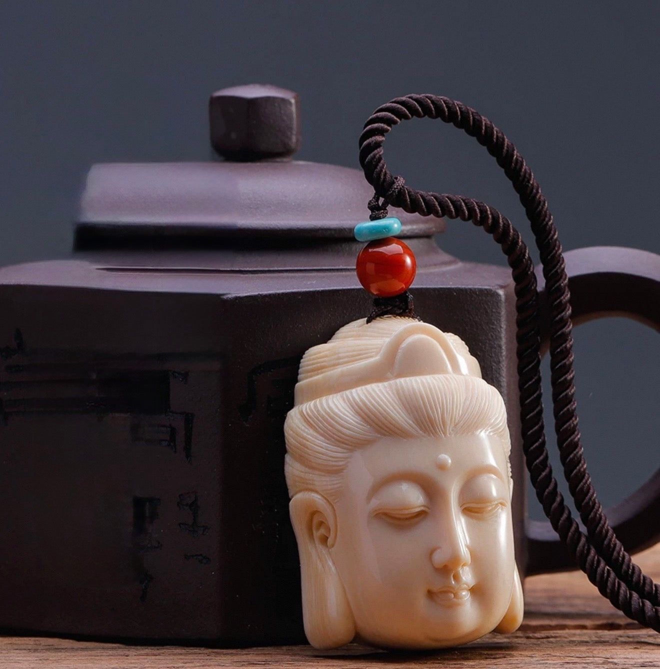 EverestArtStudios Natural Reclaimed Mammoth Ivory Guanyin Pendant, Hand Carved Buddha Head Necklace, Spiritual Amulet Gift, Meditation Jewelry