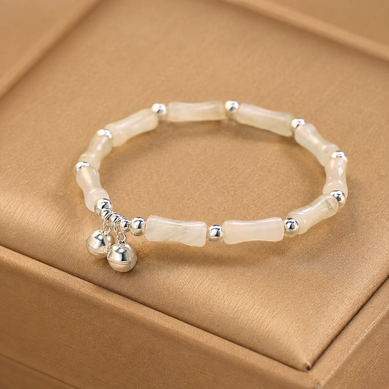 925 Sterling Silver Natural White Jade Bamboo Bell Charm Luck Happiness Bracelet