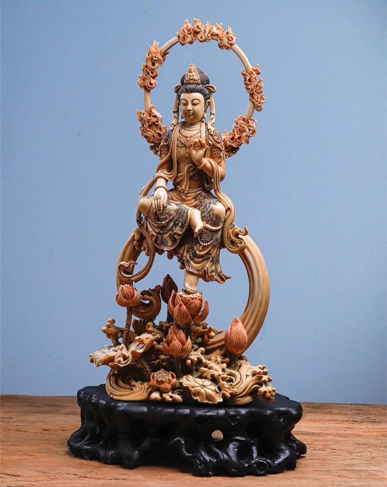 EverestArtStudios Natural Reclaimed Mammoth Ivory Water Moon Guanyin Avalokiteshvara Statue, Hand Carved Bodhisattva Sculpture, Buddhist Altar Decor, Collectible Art