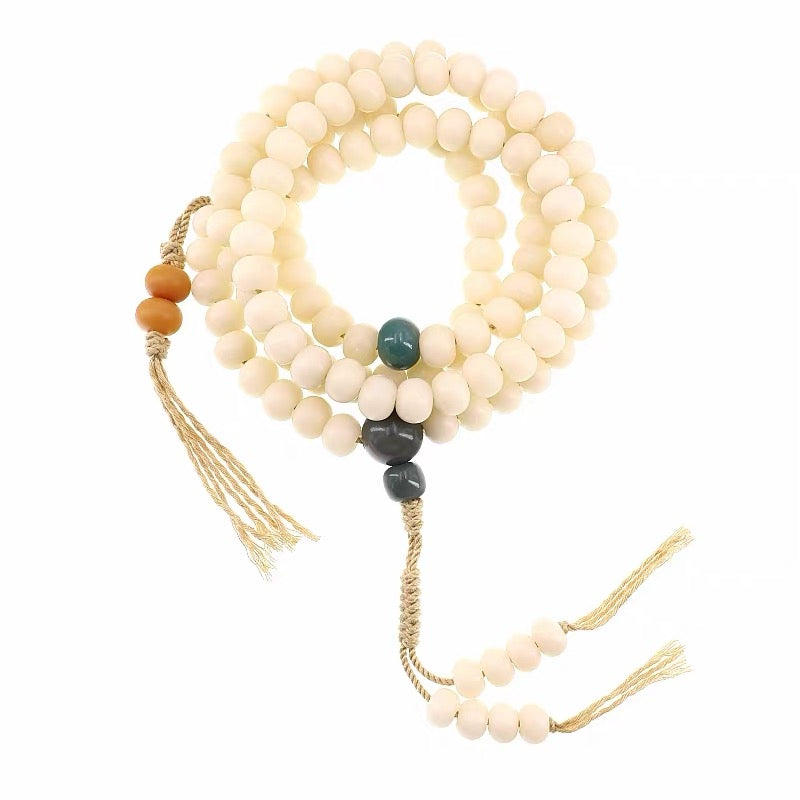 EverestArtStudios Natural White Bodhi Root Mala Necklace – 108 Beads Meditation Prayer Beads – White Jade-Like Bodhi Seed Bracelet – Unisex Buddhist Mala Gift
