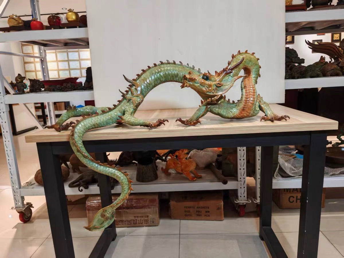 LARGE Handcrafted Brass Dragon Statue: Tibetan Feng Shui Decor