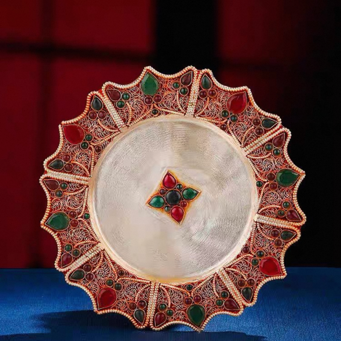 Nepali Handmade Silver Plated Filigree Mandala Plate, 10cm Inlaid Gemstones Buddhist Altar Offering, Tibetan Ritual Item