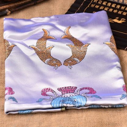 White Embroidered Tibetan Khata Scarf with Eight Auspicious Symbol
