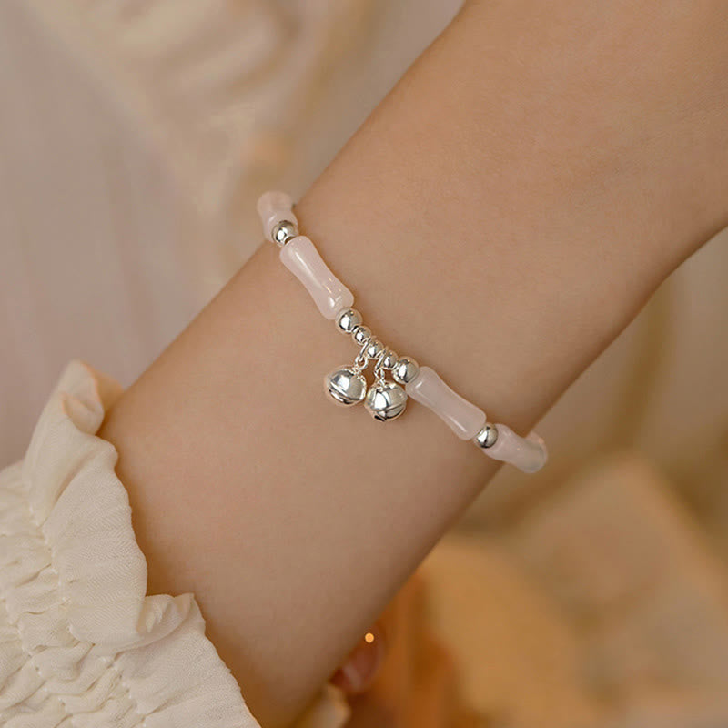 925 Sterling Silver Natural White Jade Bamboo Bell Charm Luck Happiness Bracelet