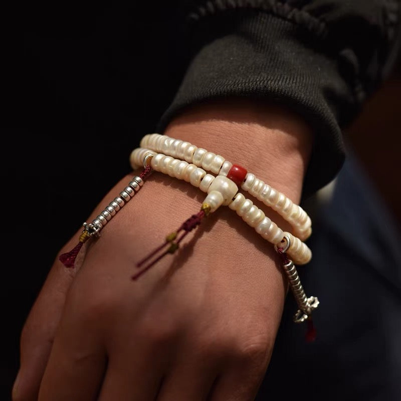 108 Freshwater Pearl Mala Bracelet – Tibetan Style Pearl Prayer Beads – Double Wrap Meditation Bracelet – Spiritual Jewelry for Women – Handheld Rosary