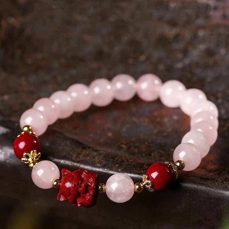 Buddha Stones Natural Pink Crystal Cinnabar Nine Tailed Fox Love Bracelet