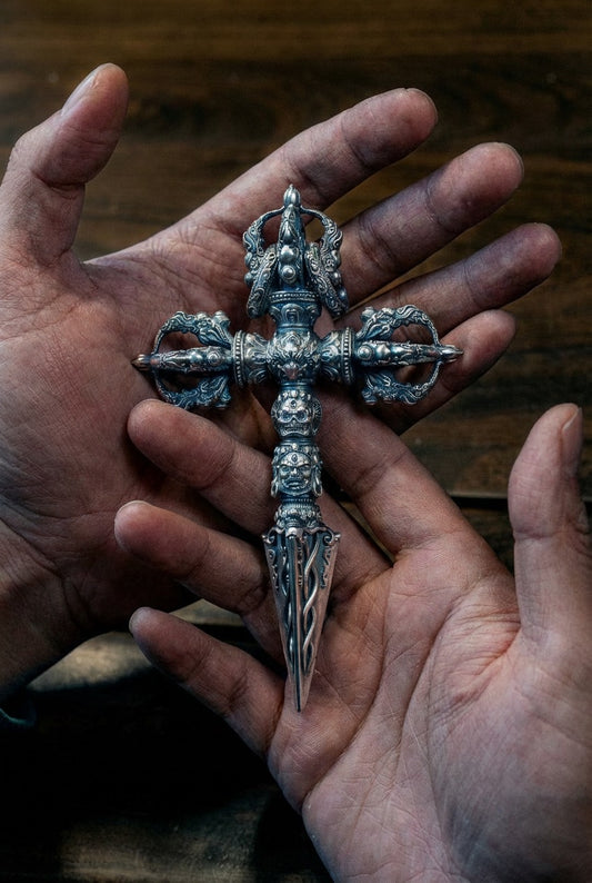 3.75 inches Sterling Silver Tibetan Phurba Pendant: Buddhist Amulet Necklace