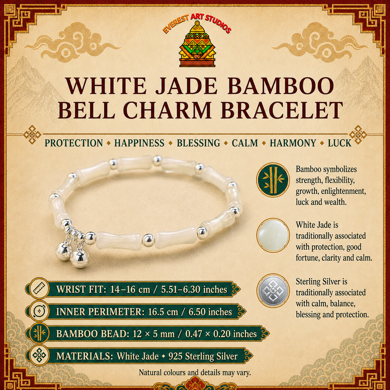 White jade bamboo and sterling silver bell bracelet meaning, materials and sizing by Everest Art Studios