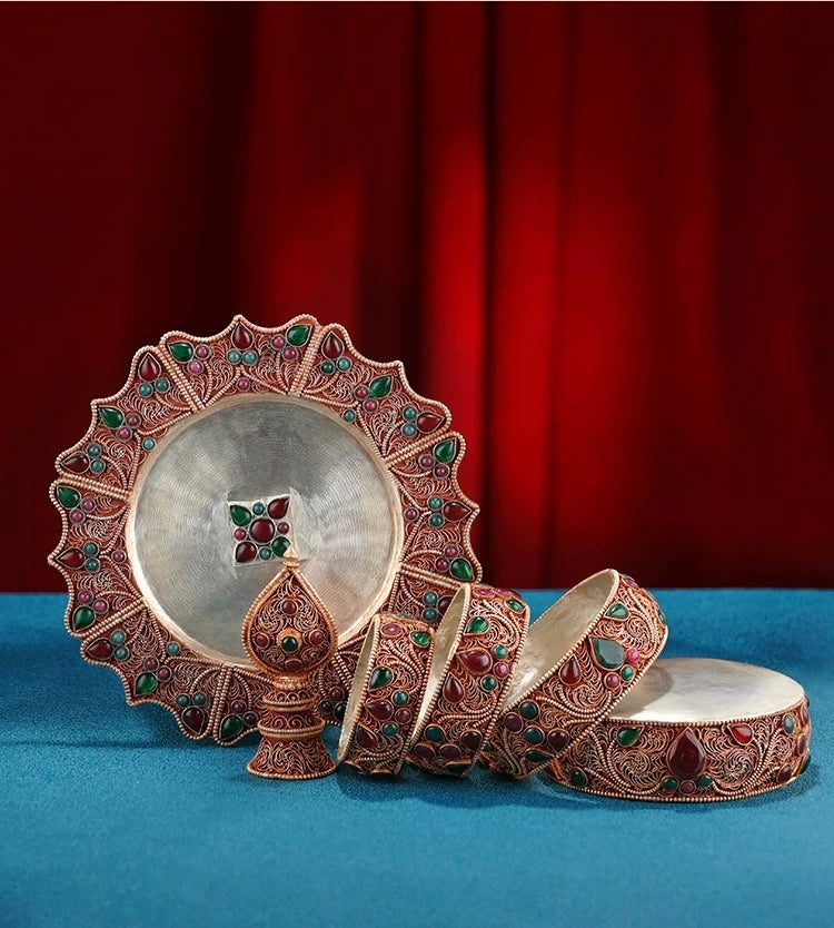 Nepali Handmade Silver Plated Filigree Mandala Plate, 10cm Inlaid Gemstones Buddhist Altar Offering, Tibetan Ritual Item