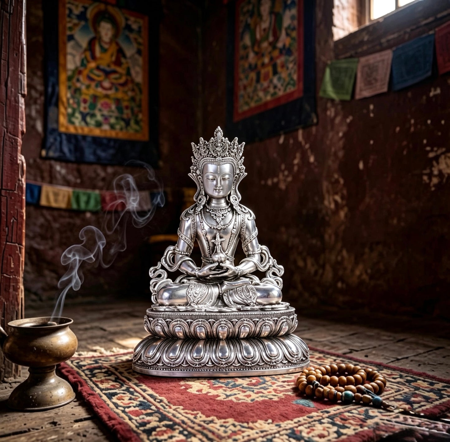 Multiple Statues Guru Rinpoche Tibetan Buddhist Buddha, Silver Plated White Copper Guru Rinpoche Figurine, Altar Shrine Meditation Decor