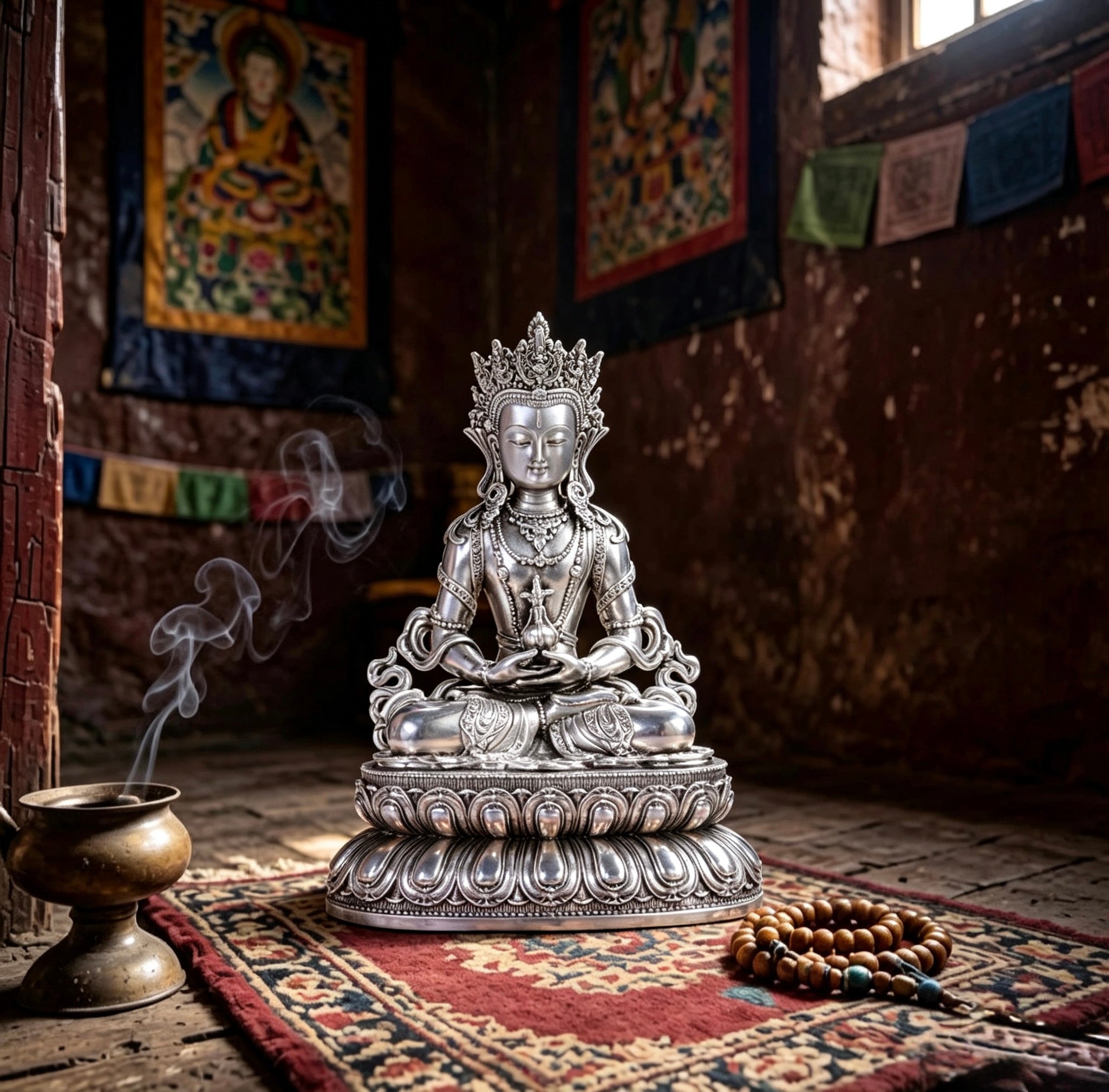 Multiple Statues Guru Rinpoche Tibetan Buddhist Buddha, Silver Plated White Copper Guru Rinpoche Figurine, Altar Shrine Meditation Decor