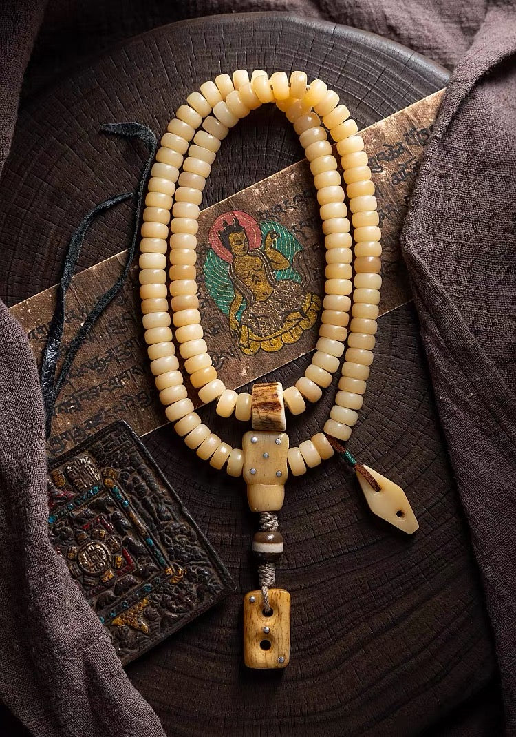 Natural Camel Bone Mala Bracelet 108 Beads, Tibetan Prayer Beads, Yellow Fossilized Bone Wrist Mala, Multi Wrap Meditation Bracelet for Men
