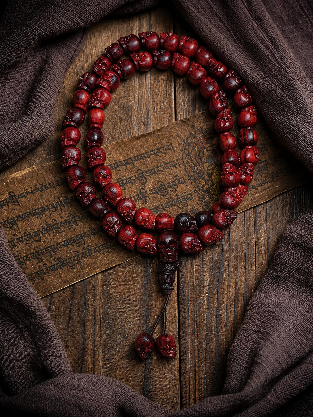 Natural Red Sandalwood Skull Mala Bracelet: Tibetan Buddhist Prayer Beads