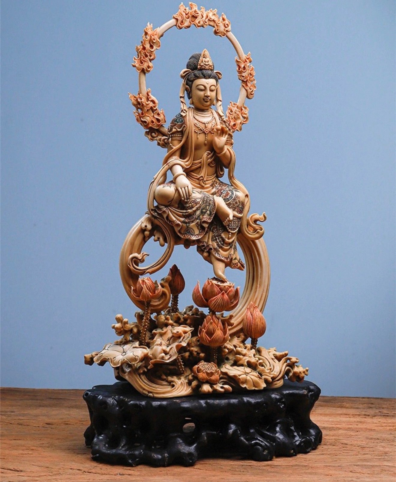 EverestArtStudios Natural Reclaimed Mammoth Ivory Water Moon Guanyin Avalokiteshvara Statue, Hand Carved Bodhisattva Sculpture, Buddhist Altar Decor, Collectible Art