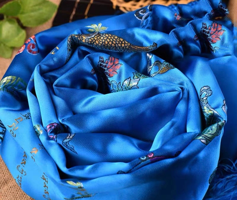 Blue Embroidered Tibetan Khata Scarf with Eight Auspicious Symbol