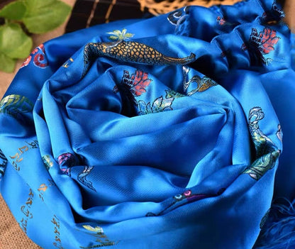 Blue Embroidered Tibetan Khata Scarf with Eight Auspicious Symbol