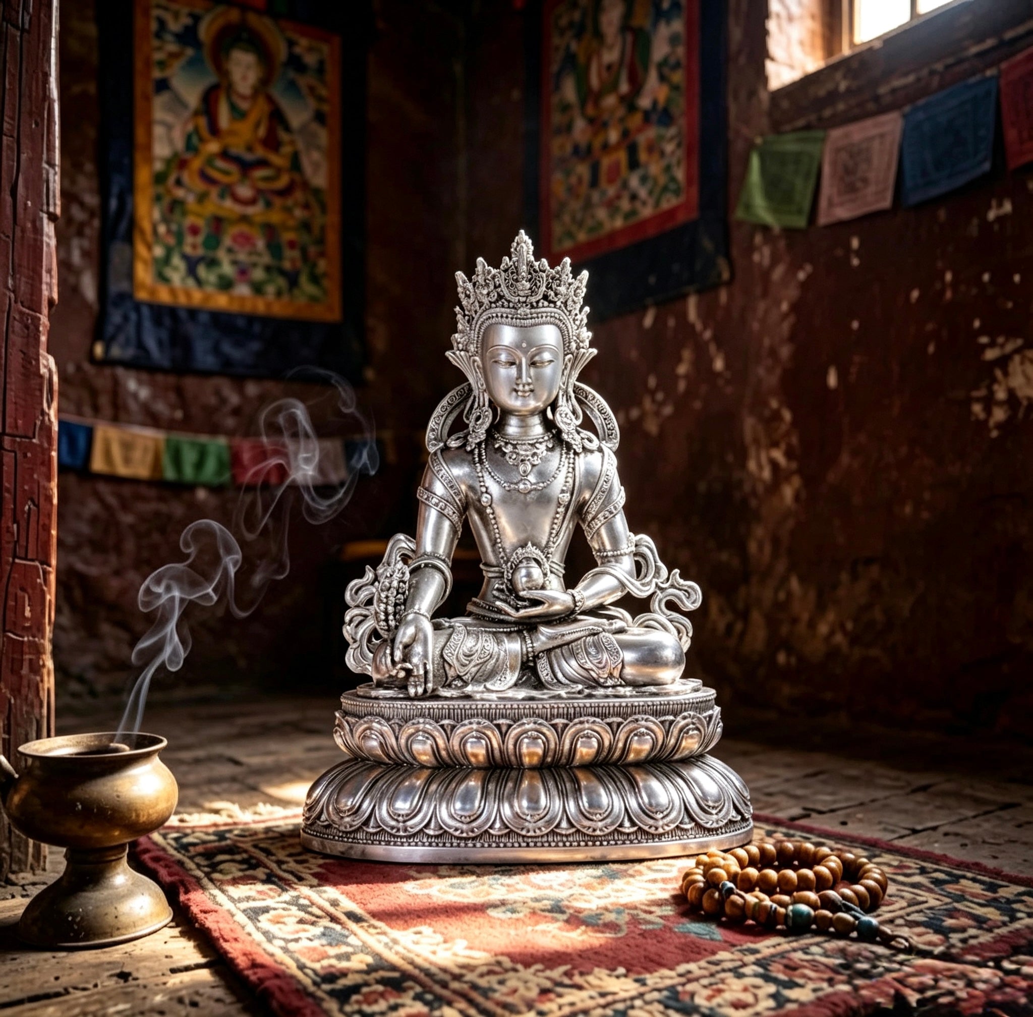 Multiple Statues Guru Rinpoche Tibetan Buddhist Buddha, Silver Plated White Copper Guru Rinpoche Figurine, Altar Shrine Meditation Decor
