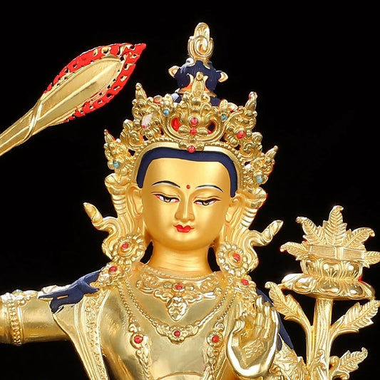 Manjushri & Samantabhadra Brass Statue – Full Gilded Tibetan Buddhist Deities, 16 cm / 21 cm / 33 cm (6.3” / 8.3” / 13”) Height