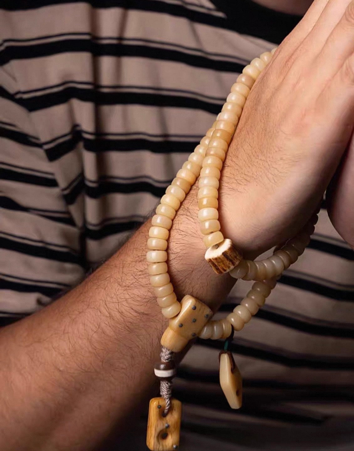 Natural Camel Bone Mala Bracelet 108 Beads, Tibetan Prayer Beads, Yellow Fossilized Bone Wrist Mala, Multi Wrap Meditation Bracelet for Men