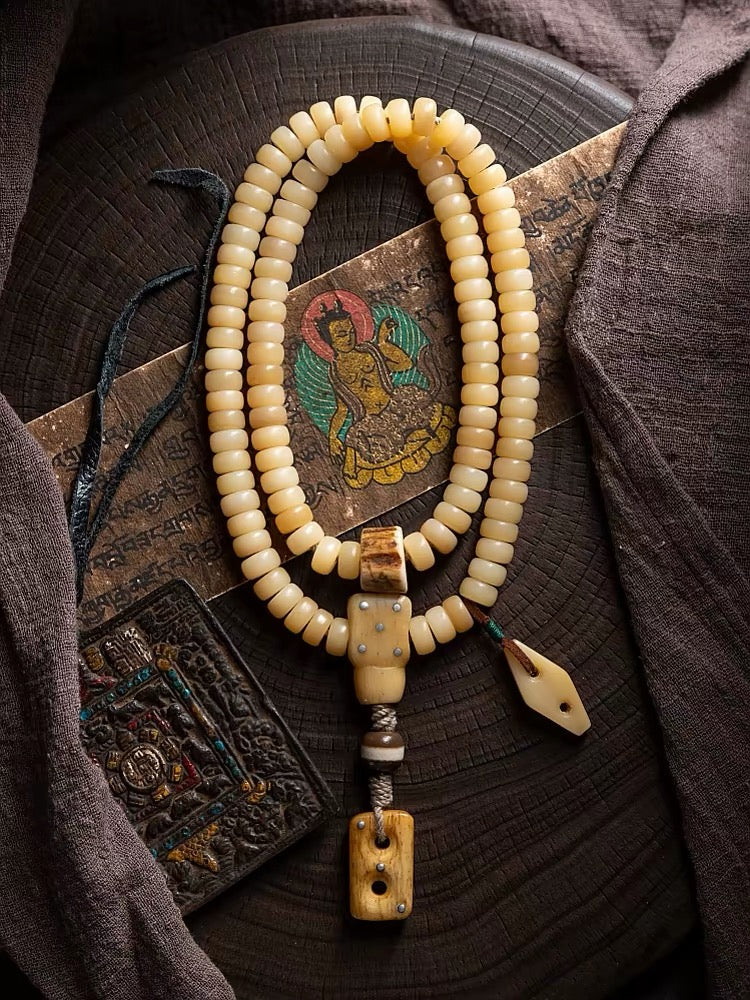 Natural Camel Bone Mala Bracelet 108 Beads, Tibetan Prayer Beads, Yellow Fossilized Bone Wrist Mala, Multi Wrap Meditation Bracelet for Men