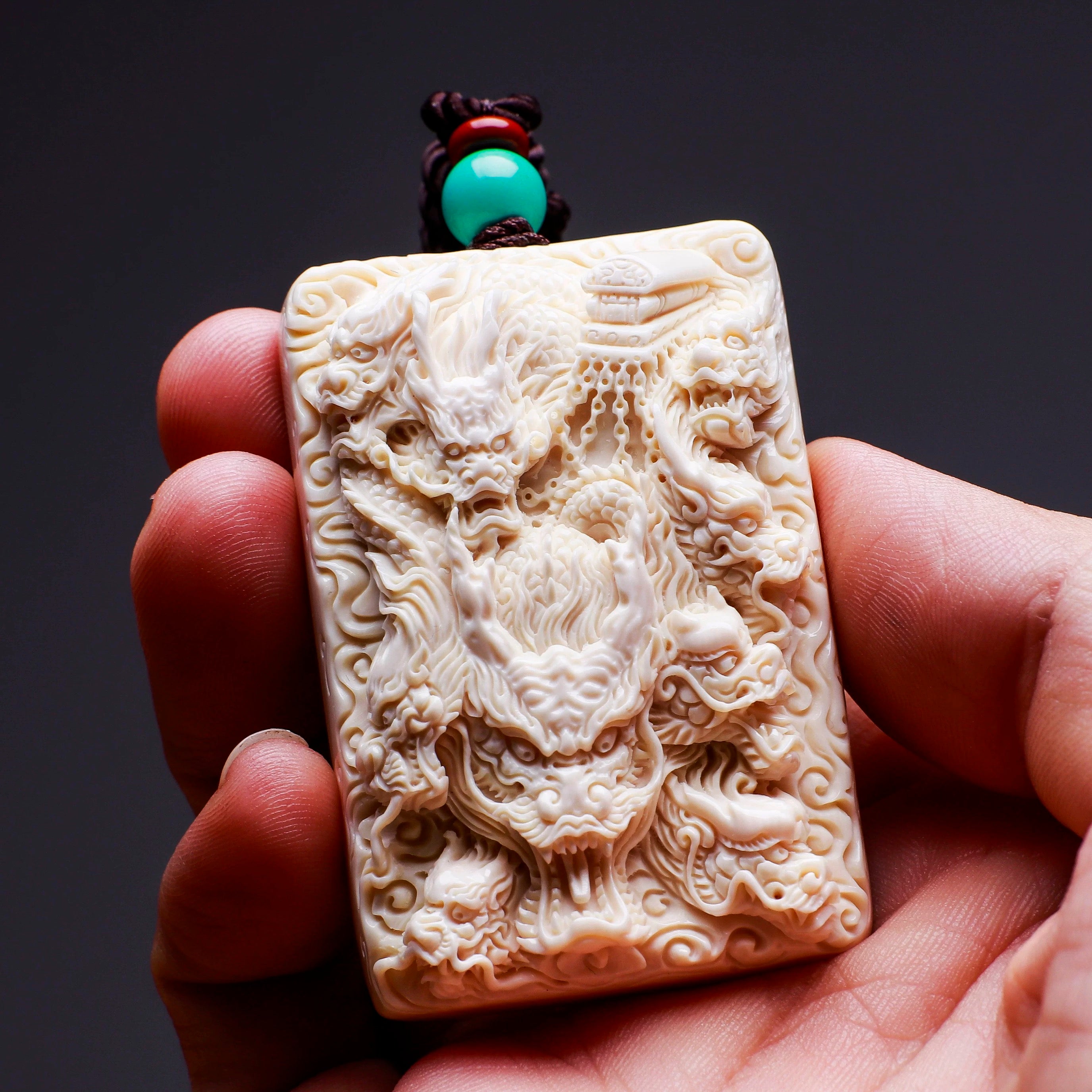 EverestArtStudios Natural Reclaimed Mammoth Ivory Nine Dragons Pendant, Hand Carved Dragon Amulet Necklace, Fortune Talisman Gift