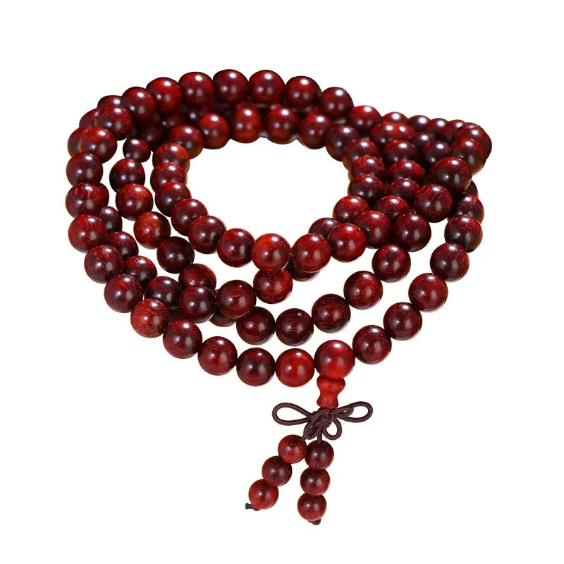 Tibetan Small-Leaf Red Sandalwood 108-Bead Mala Bracelet – Elastic with Auspicious Knot, Bead Size 8 mm = 0.31 inches